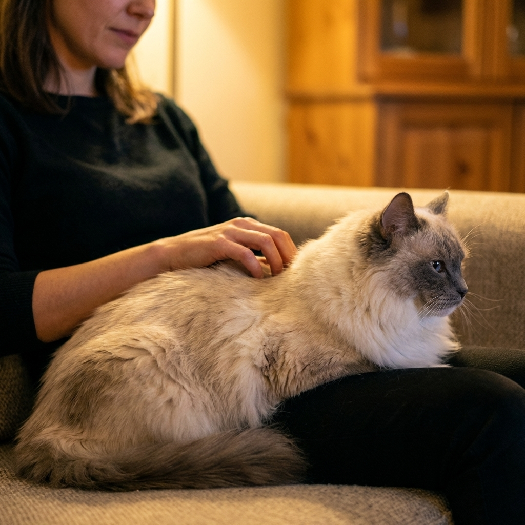 Woman petting cat with healthy full coat