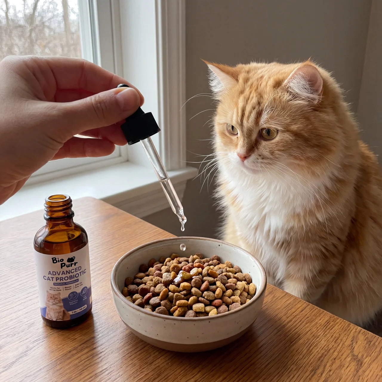 Adding Biopurr drops to a cat's food bowl