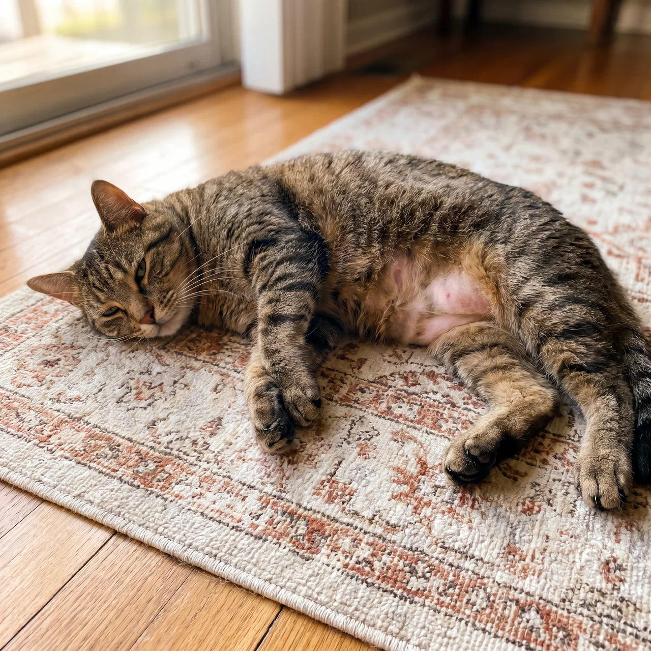 Cat before, thinned overgroomed belly