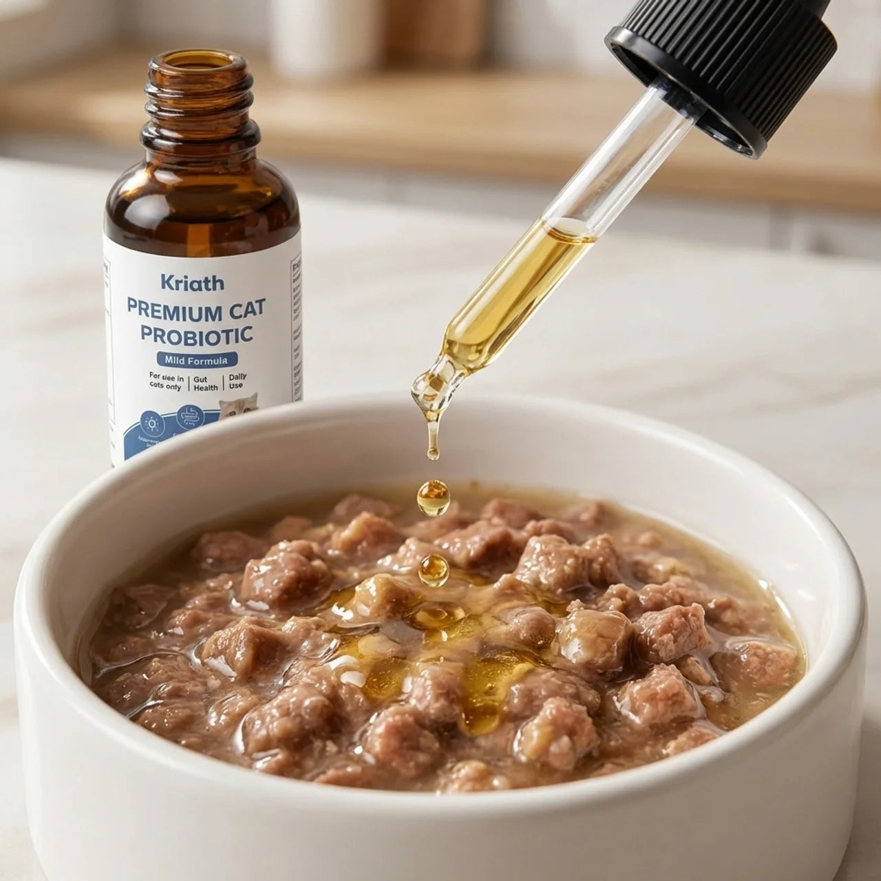 One dropper mixed into cat food daily