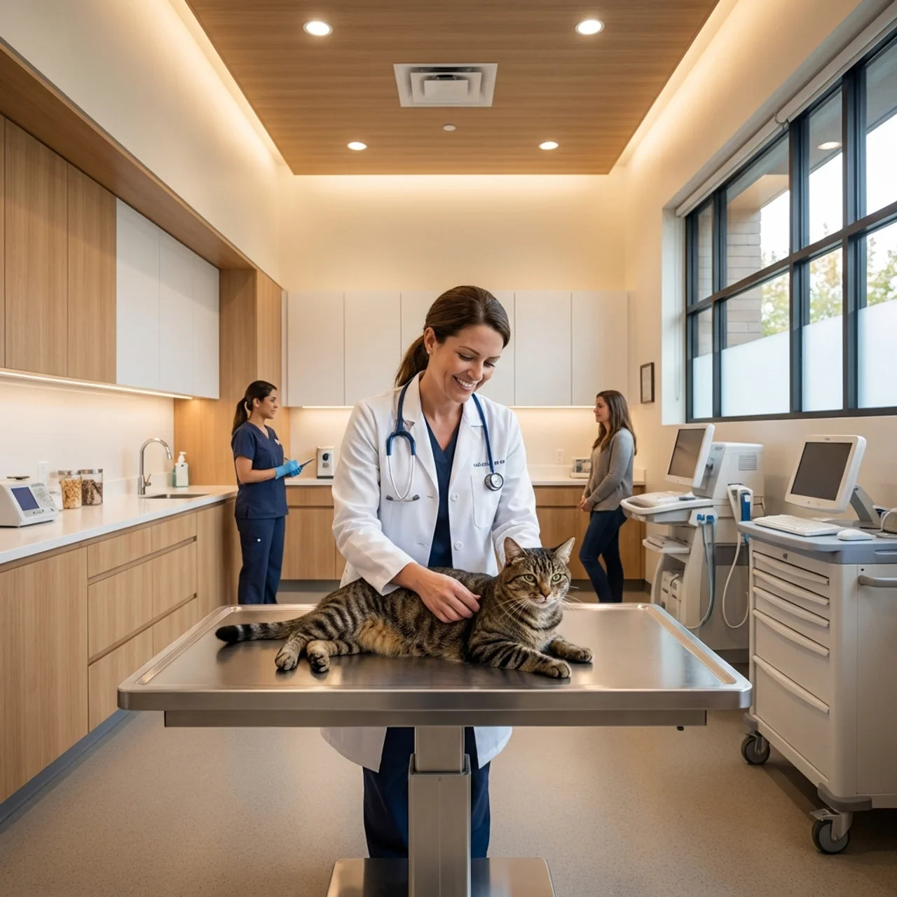 Veterinarian examining cat