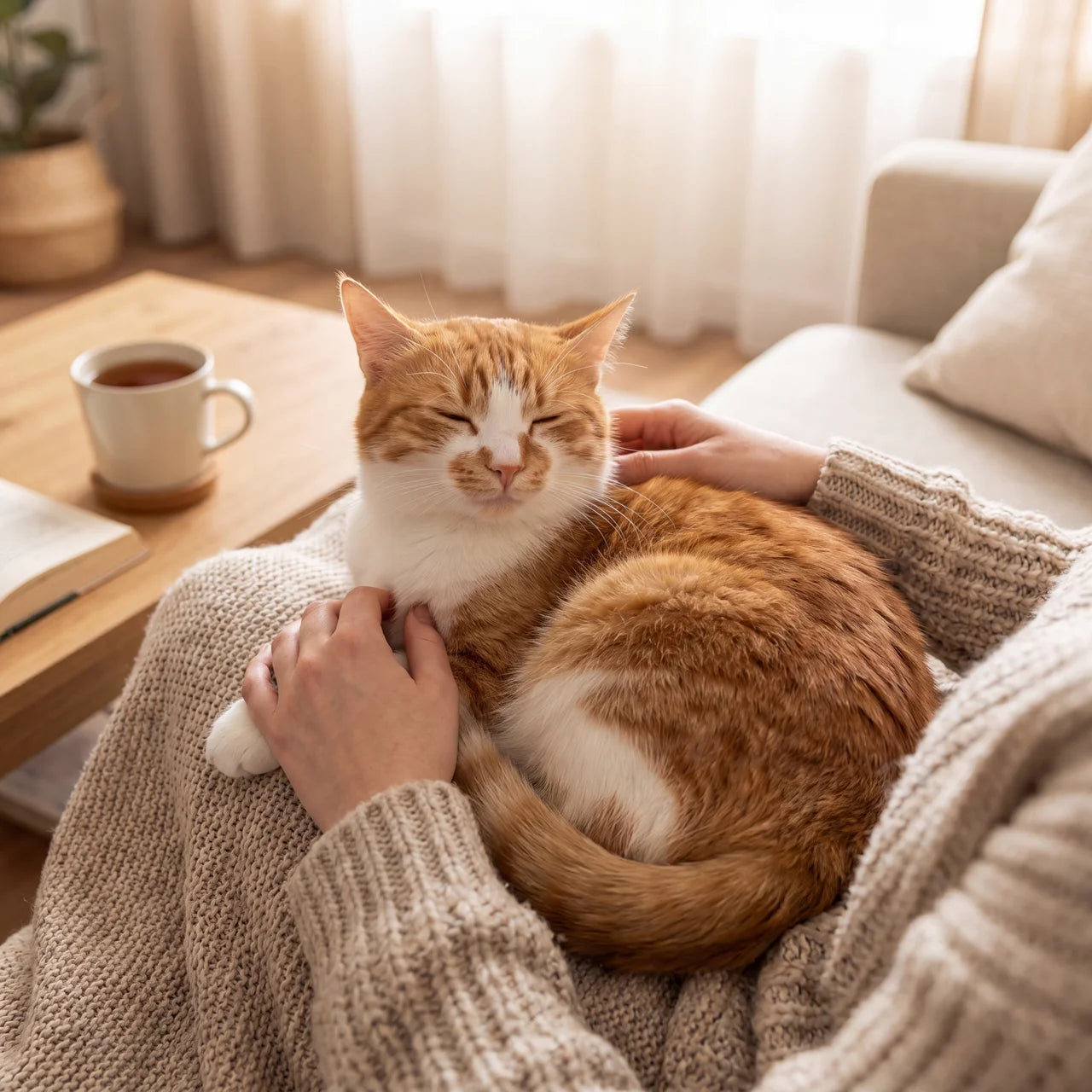 A cat happily back on its owner's lap