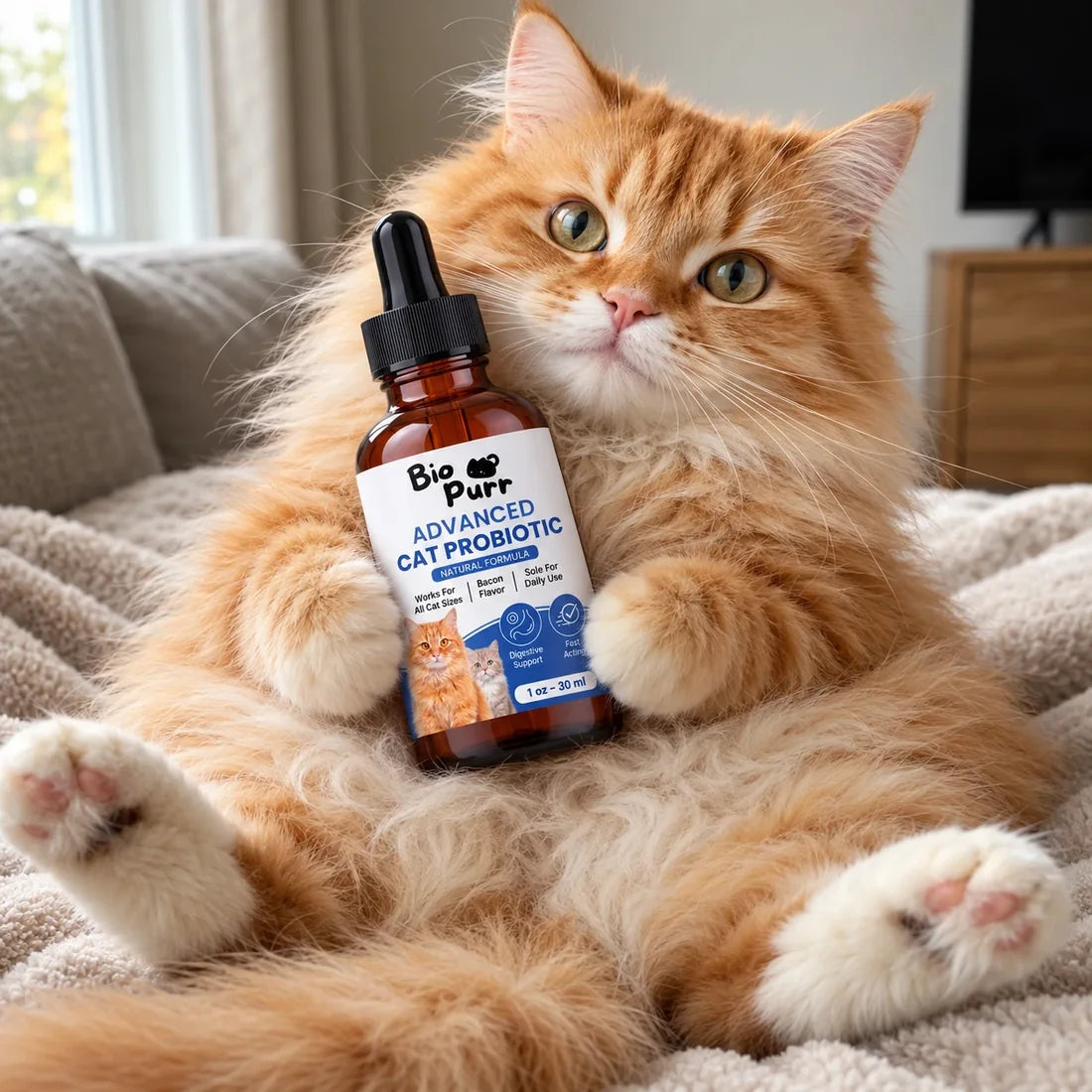 A happy orange cat holding a bottle of Biopurr