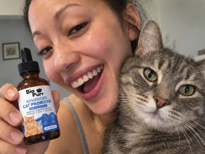 Amanda H. with her cat and a bottle of Biopurr